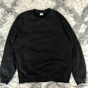 Hurley Men's Large Crewneck Pullover Sweater Black on Black Embroidered Faded